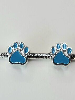 New! For Pandora TWO bright blue and silver color dog, bear, cat paw charm beads